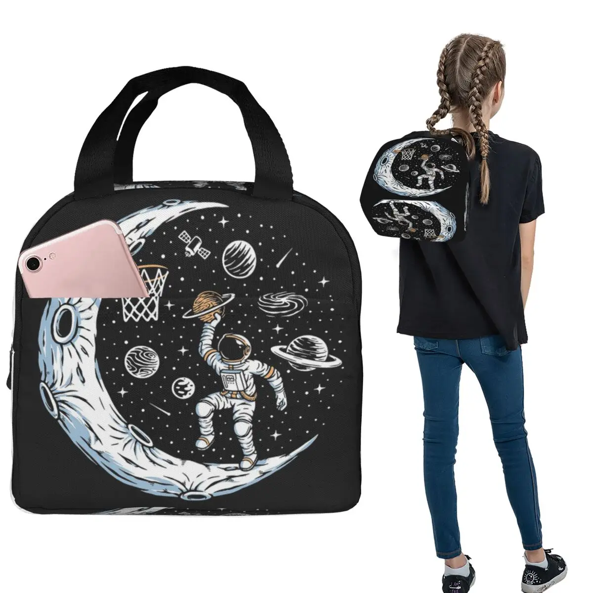 Astronaut Playing Basketball In Space Insulated Lunch Bag for Women Children Leakproof Food Boxes Thermal Lunch Box Tote