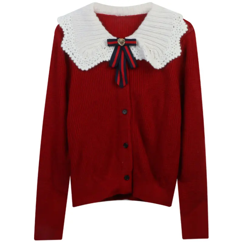 

Fashion Knitted Women's Cardigan Autumn And Winter New Style Contrast Color Bow Stitching Slim Ladies Style Lace Collar Top