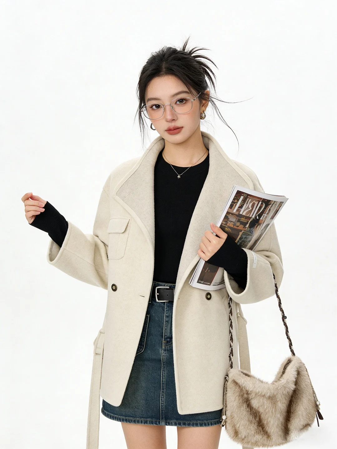 

Soft Cozy Double-Sided Woolen Stand Collar Jaet with Belt Slimming Medium-Length Korean Sle Women's Outerwear Coat
