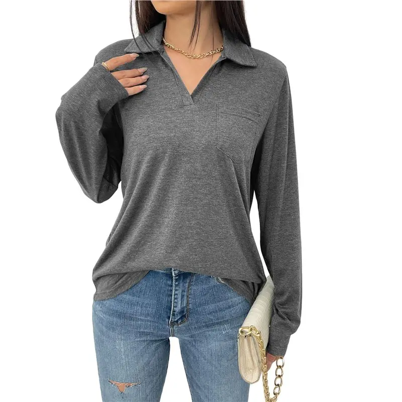 

CYL-Women V Neck Shirts Short Sleeve Collared Tops Loose Casual Tunic Blouses With Pocket