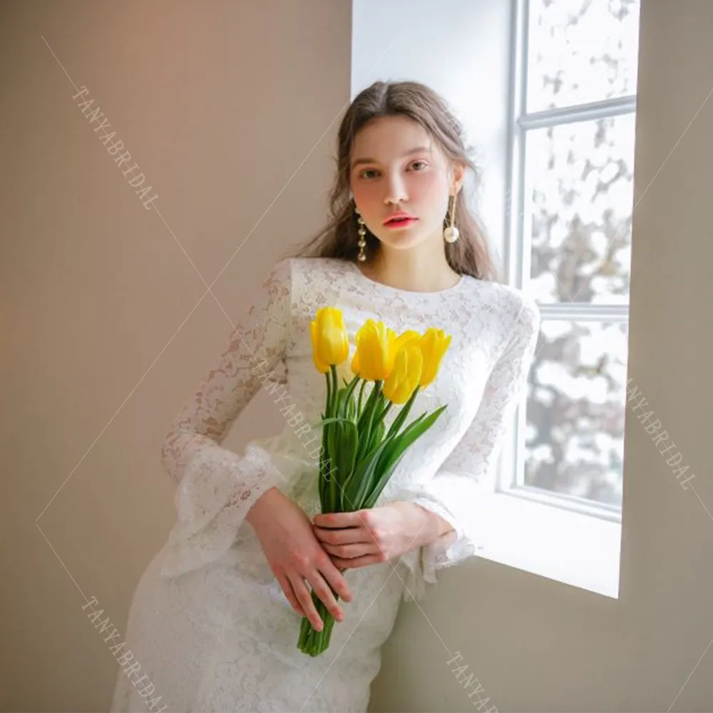 Customized Soft Lace Winter Wedding Dress O Ncek Long Sleeves A Line Sweep Train Bridal Gown Bridal Photoshoot Dress TSWD527