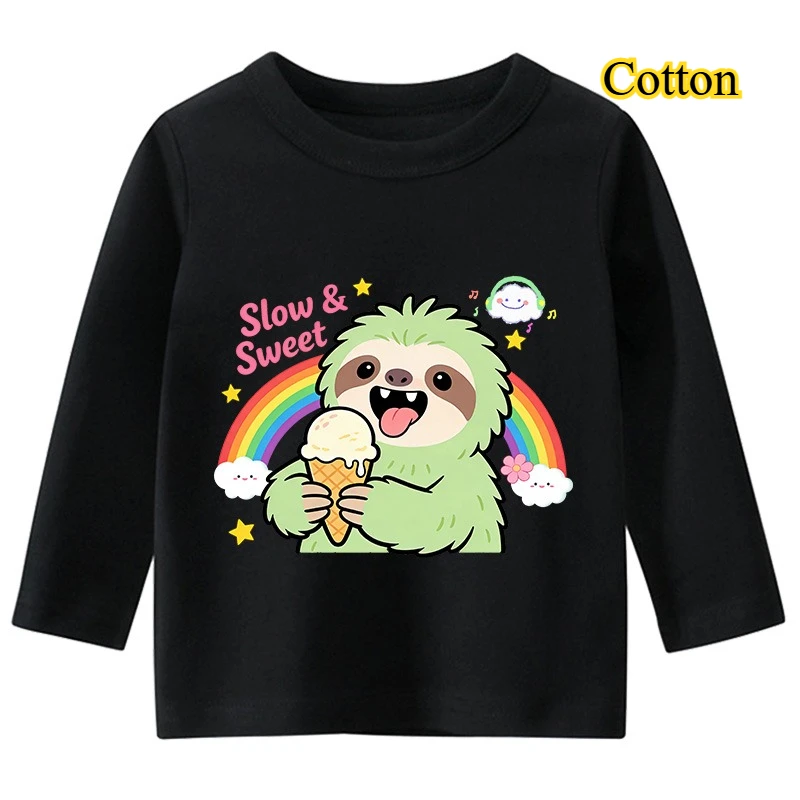 

Funny Slow & Sweet Sloth Ice Cream Rainbow Meme COTTON Kids Girls Long Sleeved T-shirt Boys Casual Tees For Birthday Gift