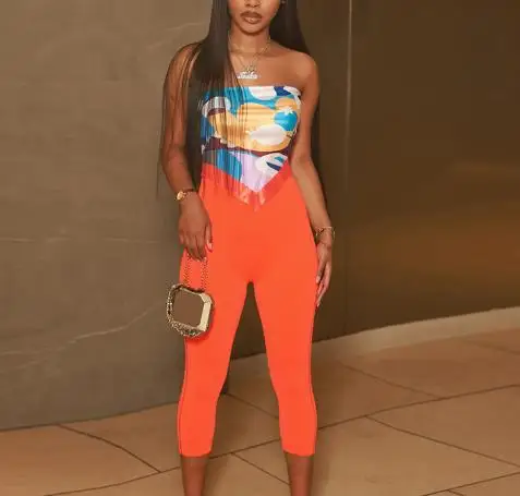 2025 Primavera/Novedad de verano para mujer, sin tirantes, con hombros descubiertos, bufanda de seda de colores, nudo, Color sólido, conjunto de pantalones de siete partes