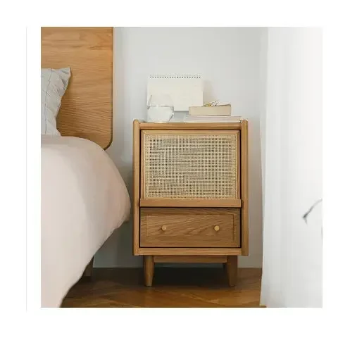 Simple Nordic Solid Wood Bedside Table Japanese Style Rattan Mini Locker Simple Bedroom Drawer Storage Cabinet Sofa