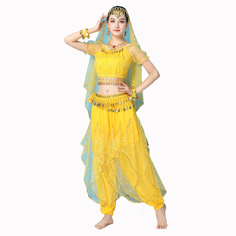 

Adult Women Chiffon Top Glitter Pants Belly Dance Headdress Hip Scarf Bracelet Set Bollywood Halloween Costume Practice Outfit