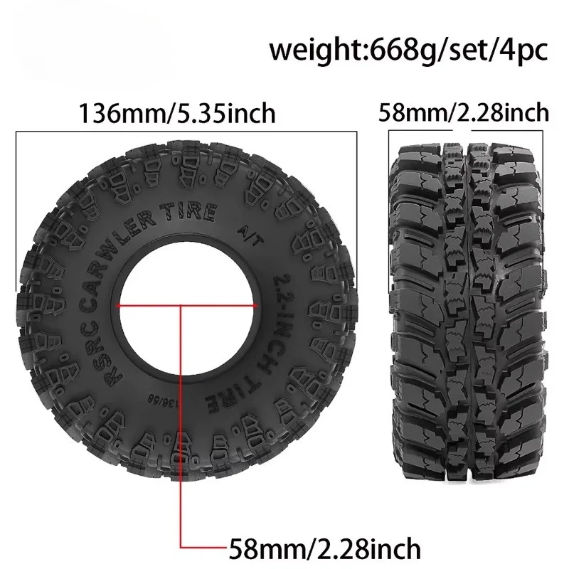 4Pcs 2.2in Crawler Tires Oversized 136mm Rubber Tyre for 1/8 RC Car Axial Yikong YK4083 CROSSRC Rhinoceros Upgrade Parts