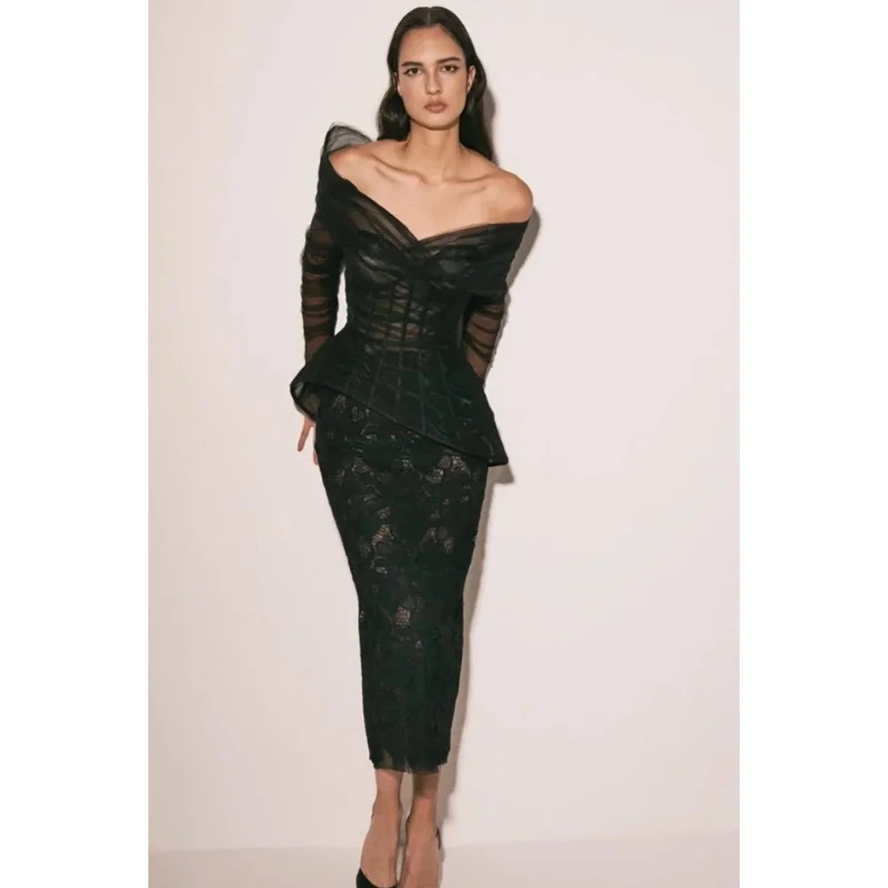 

Черные вечерние платья из тюля и кружева с длинными рукавами, прямого кроя, длиной до колена, элегантные, для торжественных мероприятий, на заказ