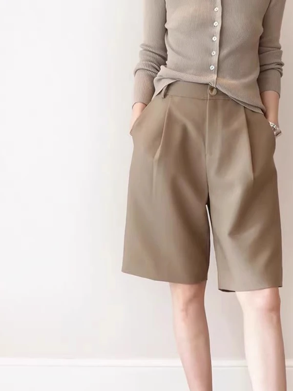 Khaki Wide Leg Pants Women's Spring Autumn 2026 New Summer Thin Loose High Waist Casual Five-Point Shorts Commute Style