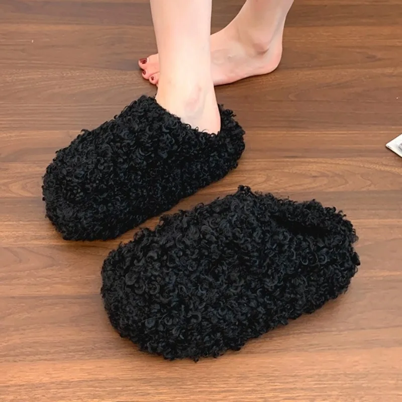 

Fur Women Flats Shoes Flock Winter Woman Slipper Platform Cover Toe Slides Plush 2025 Rome Hoof Heels Rubber Fabric House Slipp