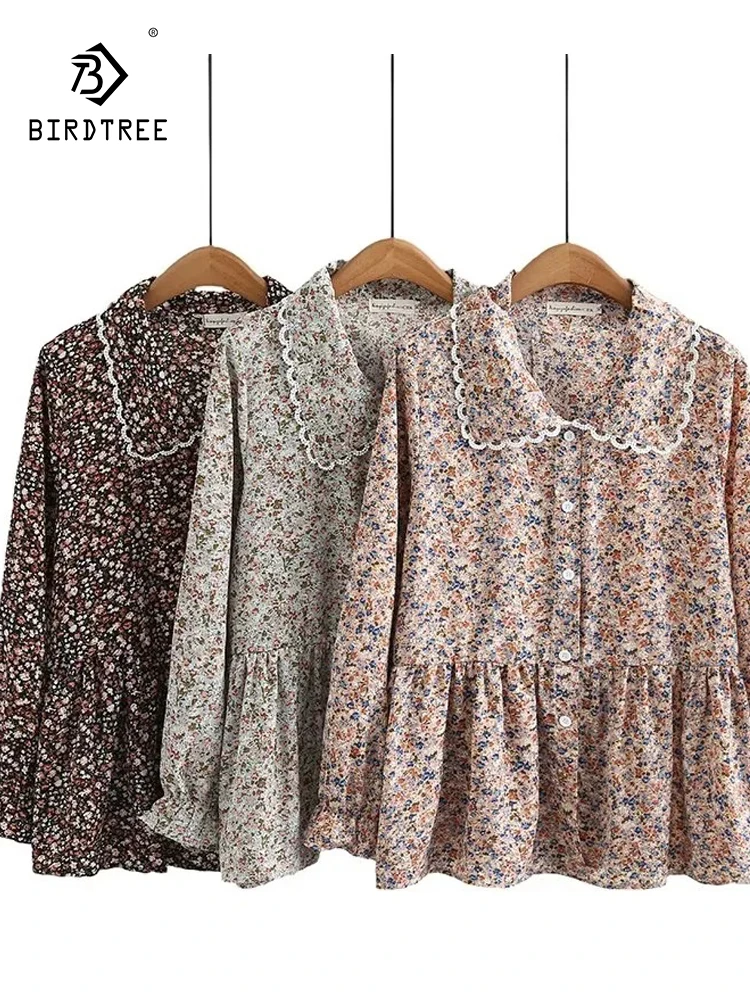 New Autumn Cotton Fragmented Flowers Shirts Women Square Neck Tops Girl Long Sleeve Large Size Blouses Gentle Spring T39915QC