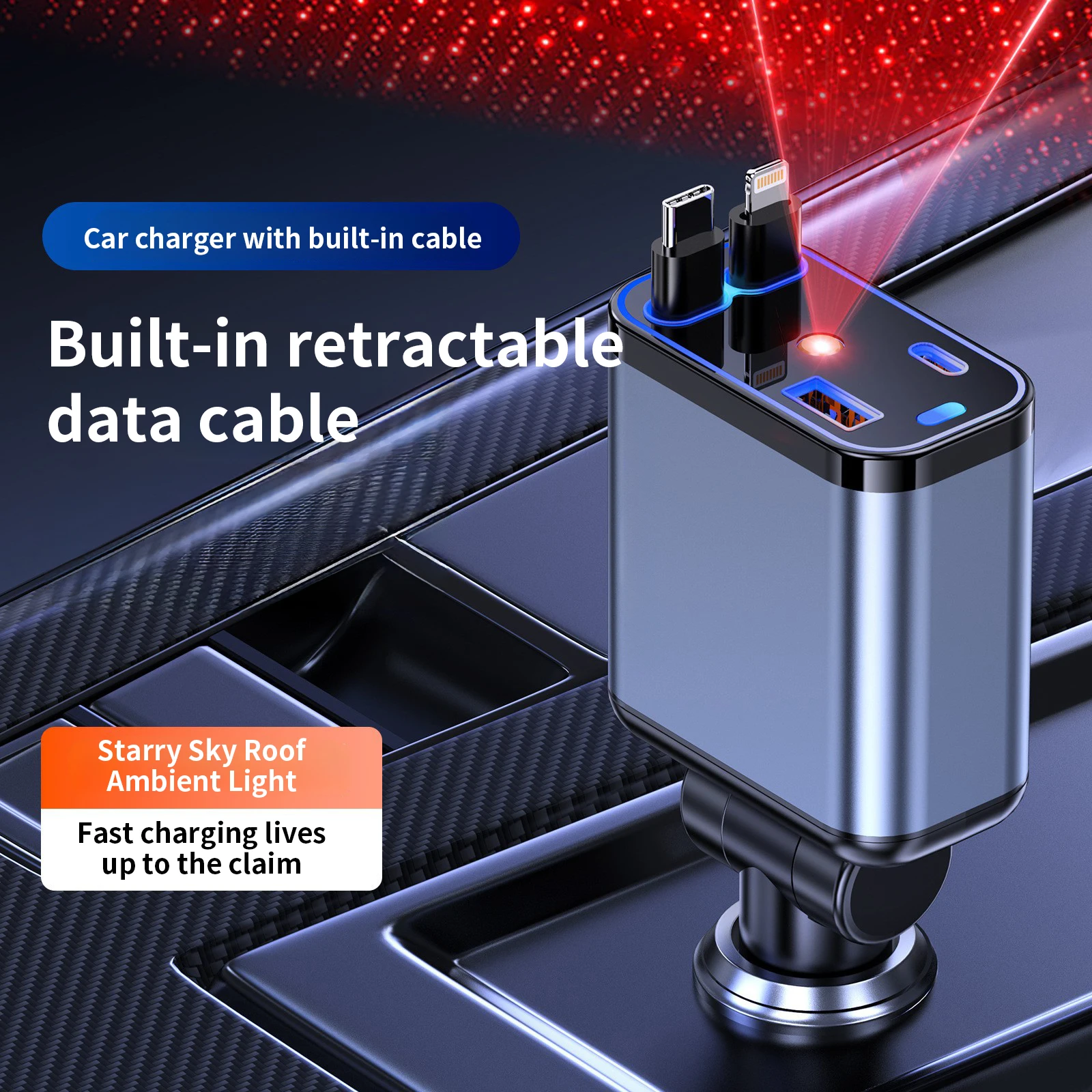Car Cigarette Charger With Star Sky Laser Projection Light Stretchable Dual Charging Cable 4 Ports Fast Charging Adapter