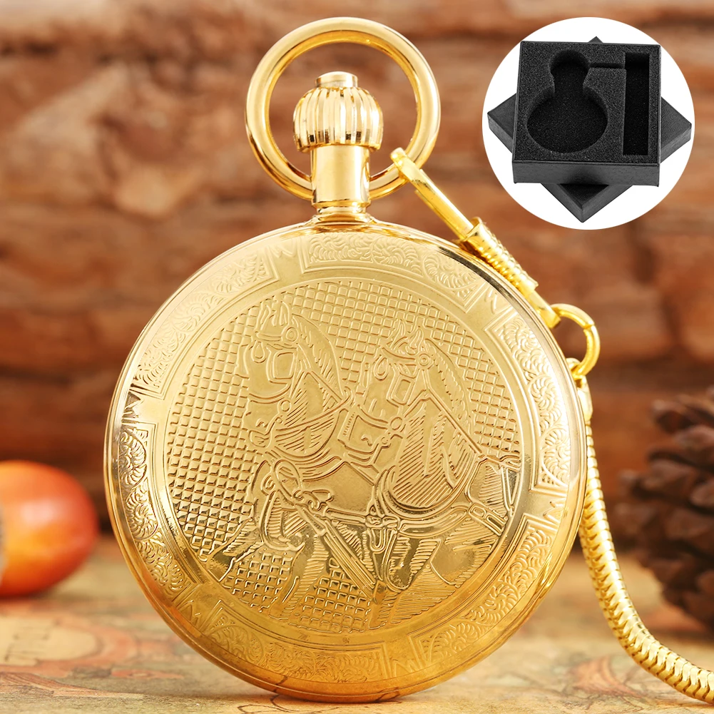 

Retro Charm Horses Gold Copper Men's Mechanical Pocket Watch Gift for Male Antique Style Fob Chain Self Winding Pocket Clock
