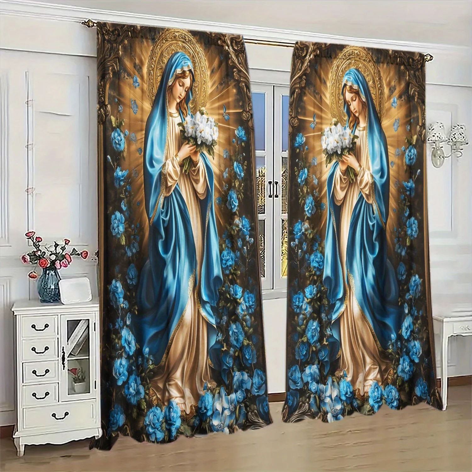 Elegant Religious Curtains Pair Catholic Mary Floral Baroque Drapes Window Treatment Panel Home Decor Luxurious Blue Gold Christ