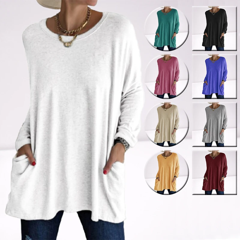 Solid Color Vintage Pocket Oversized T-shirt Female Clothing Fashion Autumn Tunics Basic Y2k Top Women 2021 Long Sleeve T Shirt