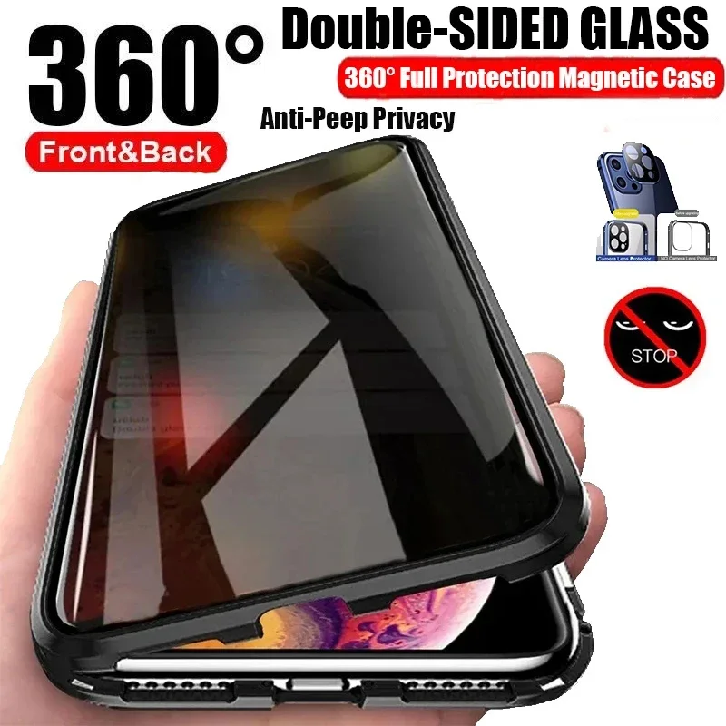 

Anti Peeping Spy Privacy Protect Metal Phone Case for Huawei Pura 70 P50 P60 P40 Pro Plus Double Sided Temper Glass Cover Cases