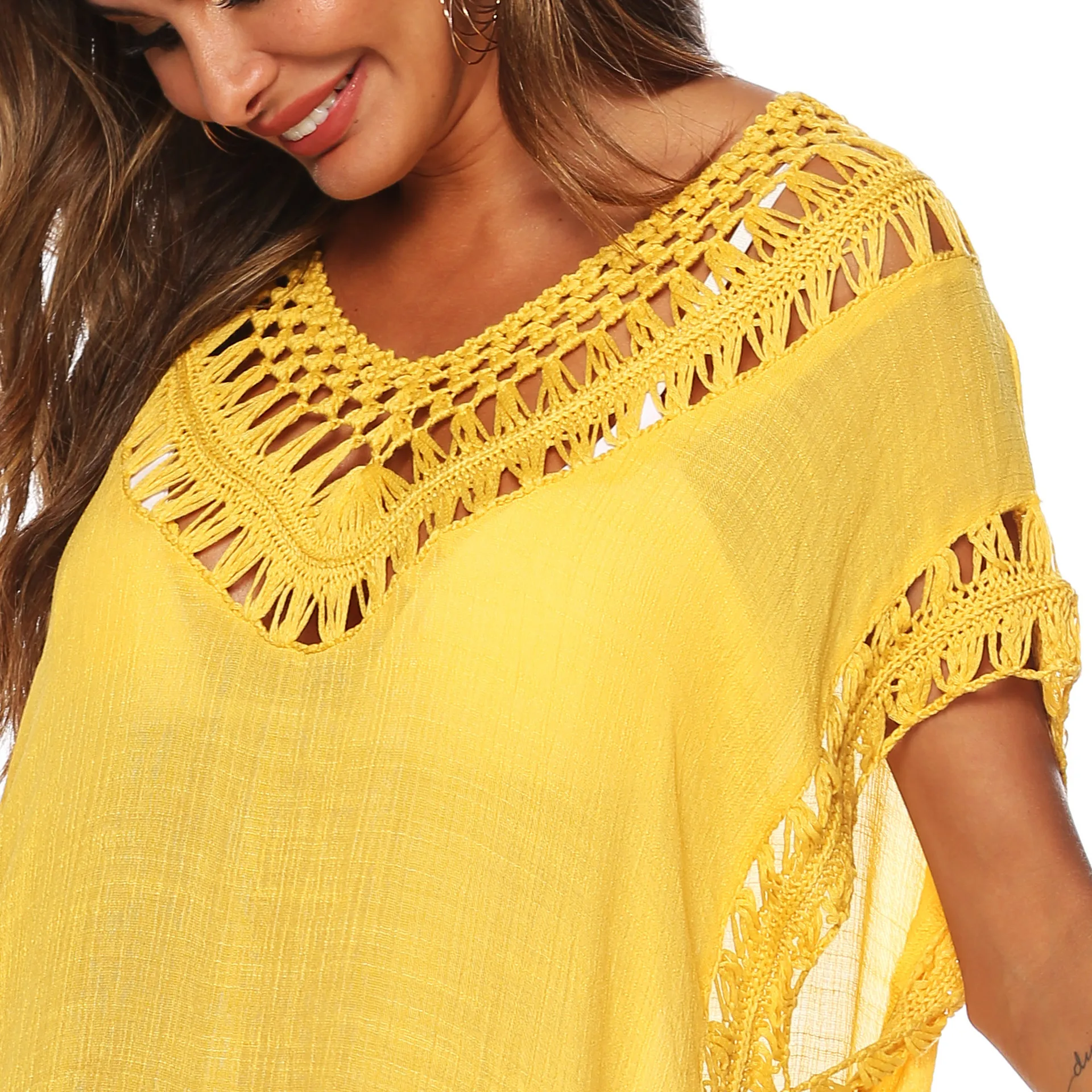 Plus Size Beachwear for Women Summer Outwear Knitted V Neck Bikinis Cover Up Yellow Tunic Pareo Swimsuit Coverd Large Dress XXL