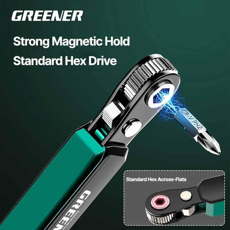 GREENER 72-Tooth Reversible Ratchet Wrench Set 1/4 Inch Hex Drive Quick Release CR-V Steel Right Angle For Auto Home Repair