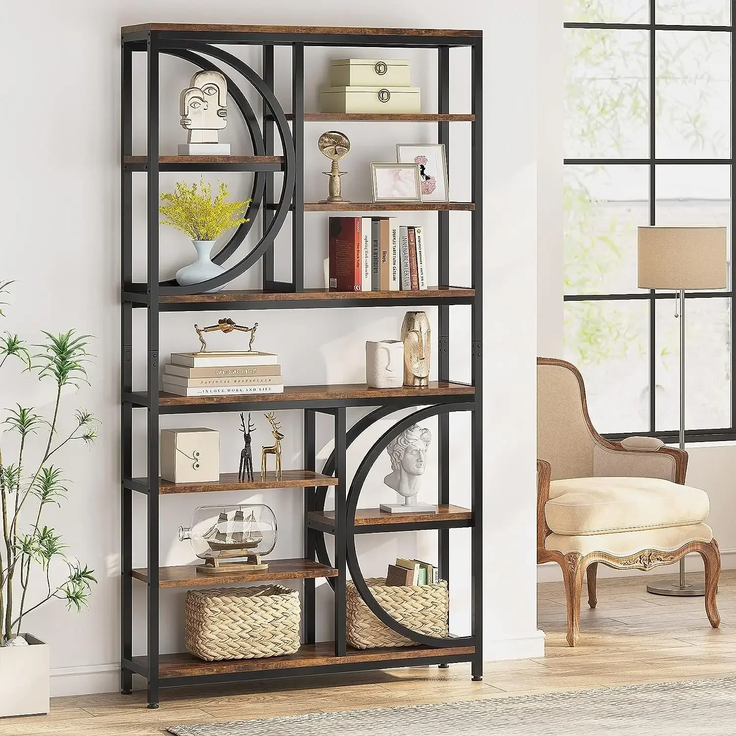 Tribesigns 8 Tier Industrial Bookshelf, 77-Inch Tall Open Etagere Bookcase with Metal Frame for Living Room, Home Office