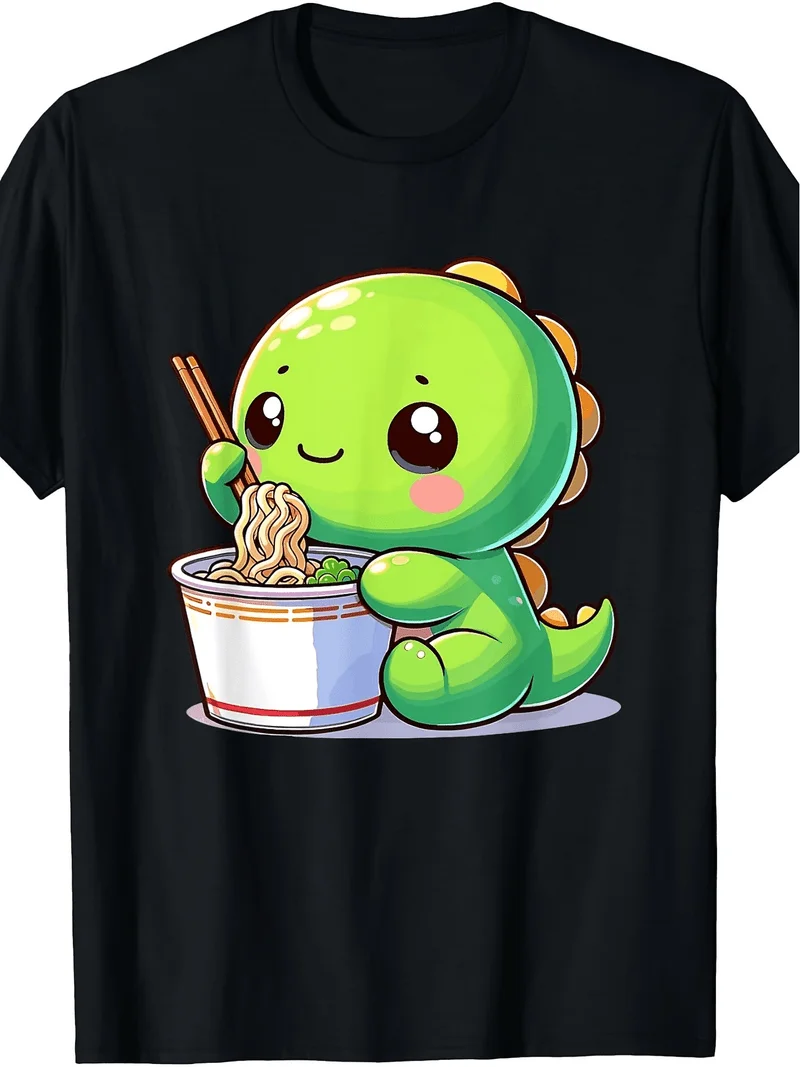 Kawaii Dinosaur Eating Cup Ramen Noodles Cute Asian Dino T-Shirt Funny Food Lover Gift Casual Short Sleeve Tee For Men Women