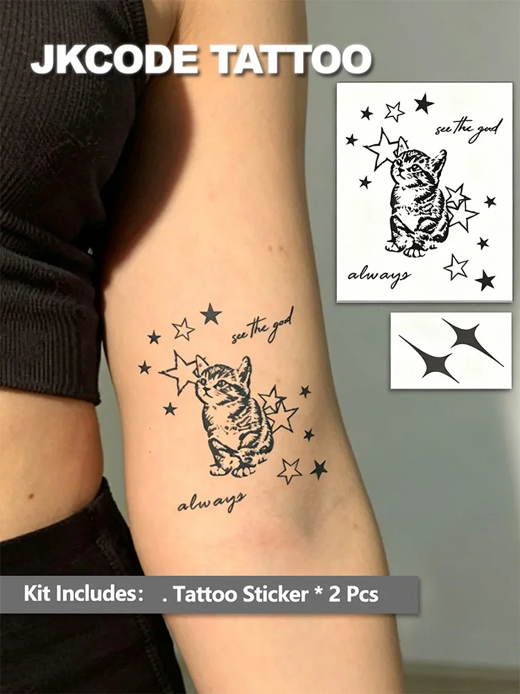 2 Semi-Permanente Tattoos, „Cosmic Cat“-Tattoo, realistisches Design, beliebt bei Prominenten, Handtattoo, Mini-Arm-Tattoo, wasserfest, realistisches Fake-Tattoo, Pflanzenmotiv, magisches Tattoo, hält