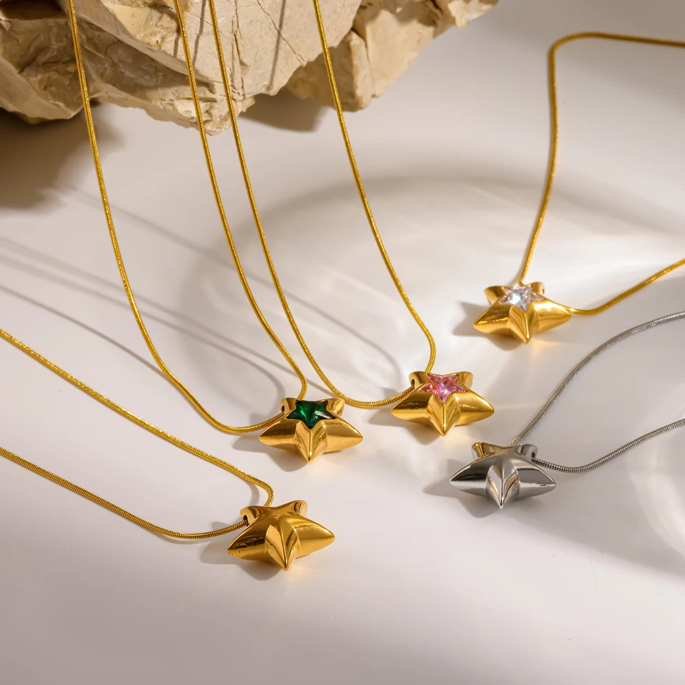 Damen-Halskette mit Pentagramm-Zirkon-Anhänger aus 316L Edelstahl, schlichtes Design, wasserdicht, Schmuckgeschenk – Detail 2