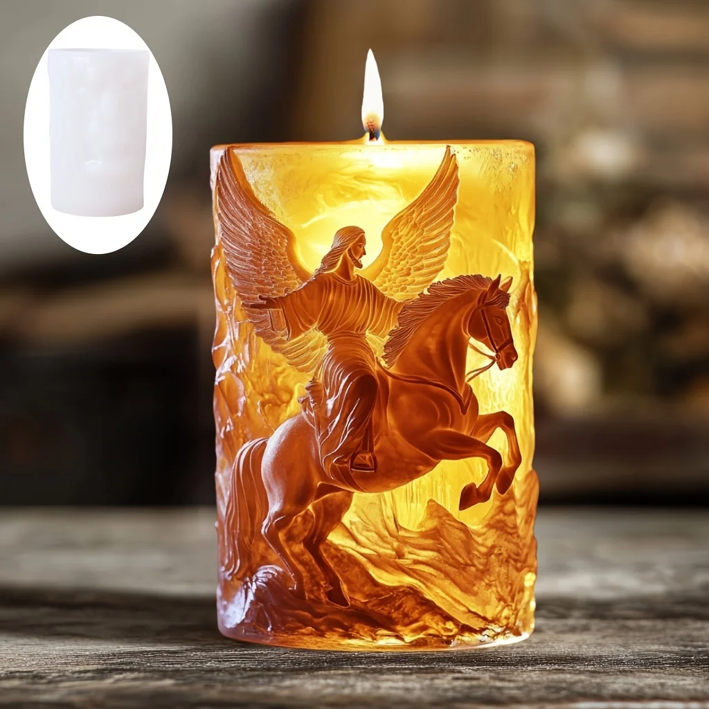 Jesus cavalo cilíndrico vela perfumada molde de silicone asas jesus cavalo galoped moldes jesus anjo resina gesso molde