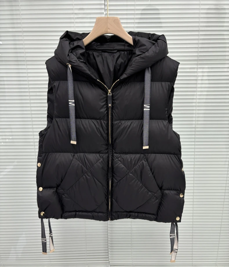 Schinteon Women 90% White Duck Down Vest with Hood Casual Sleeveless Jacket Simple Solid Color Fashionable Autumn Winter Top New