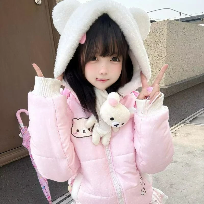 Japanese Kawaii Lolita Women Parkas Harajuku Zippers Bear Ears Hooded Cartoon Jacket Y2k Aesthetic Velvet Lined Down Padded Coat