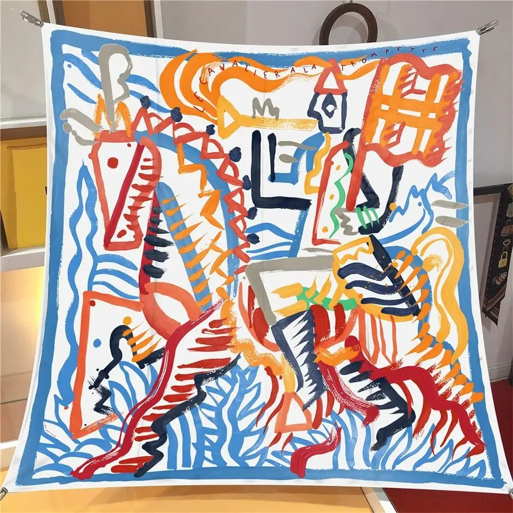 

Retro 90CM Silk Scarf Graffi Horse Print Wraps Beach Shawls Neck Scarves