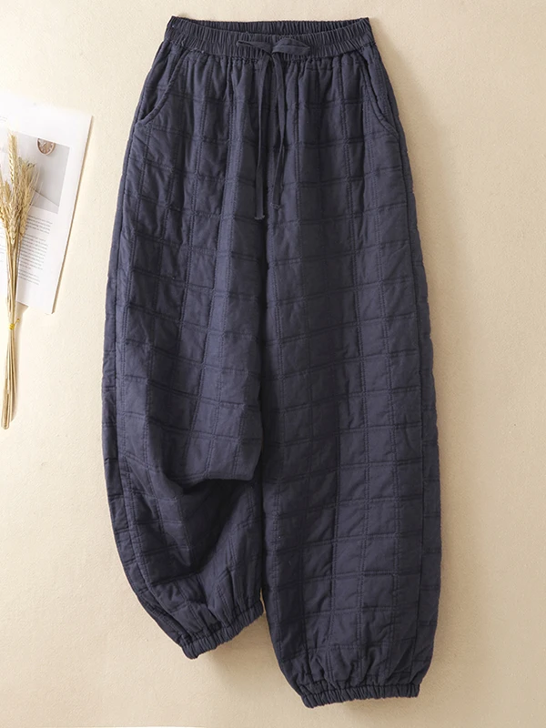 Warm Cotton Linen Lantern Pants Women's Loose Fit Autumn Winter White Checkered Pressed Line Casual Nine Point Cotton Pants