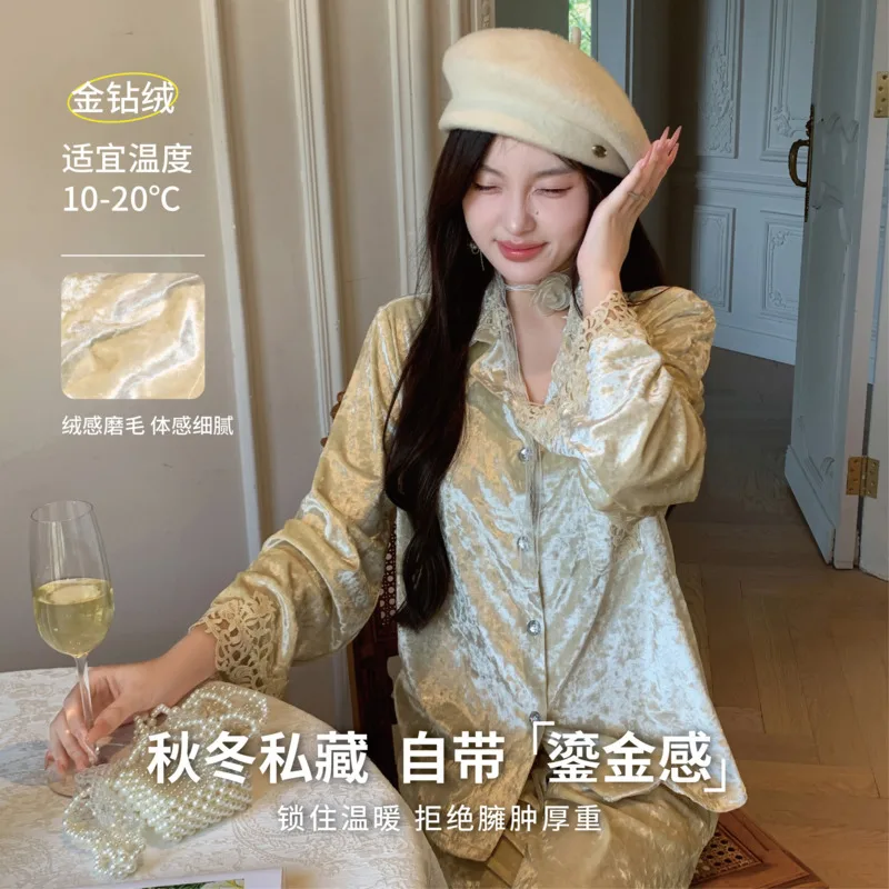 2025 Autumn Winter Velvet Pajamas Women Classic Luxury Thick Warm Long Sleeve Pants 2piece Set Homewear Nightgwn Sleepwear