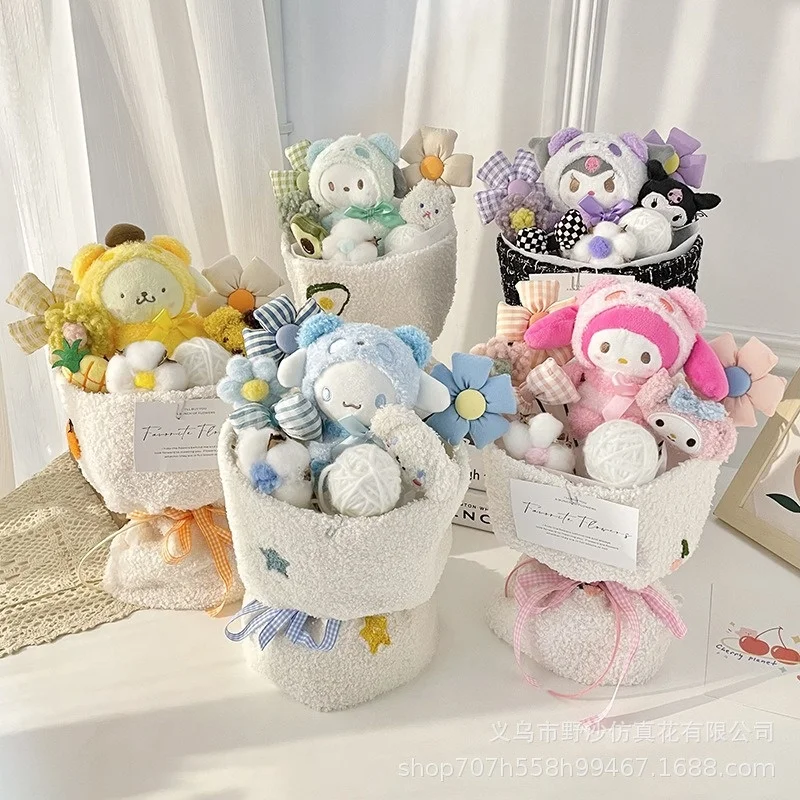 Hello Kitty My Melody Kuromi Cinnamoroll Plush Doll Flower Toy Sanrio Bouquet Gift Box With Bag Valentine's Day Christmas Gift