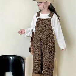 Girls' leopard print overalls 2024 Spring and Autumn new pants Korean children's stylish wide leg pants set autumn outfit