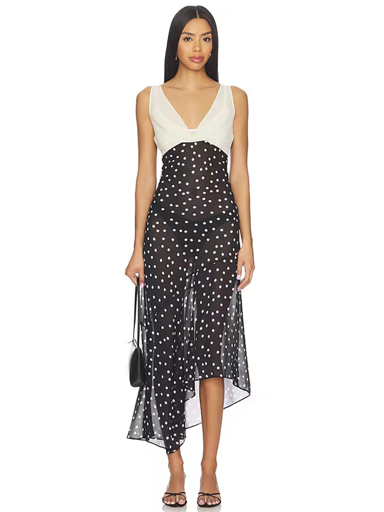 

Blifanbo Polka Dot V Neck Sexy Maxi Dress Women Elegant Backless Sleeveless Print Asymmetrical Hem High Waist Club Party Dress