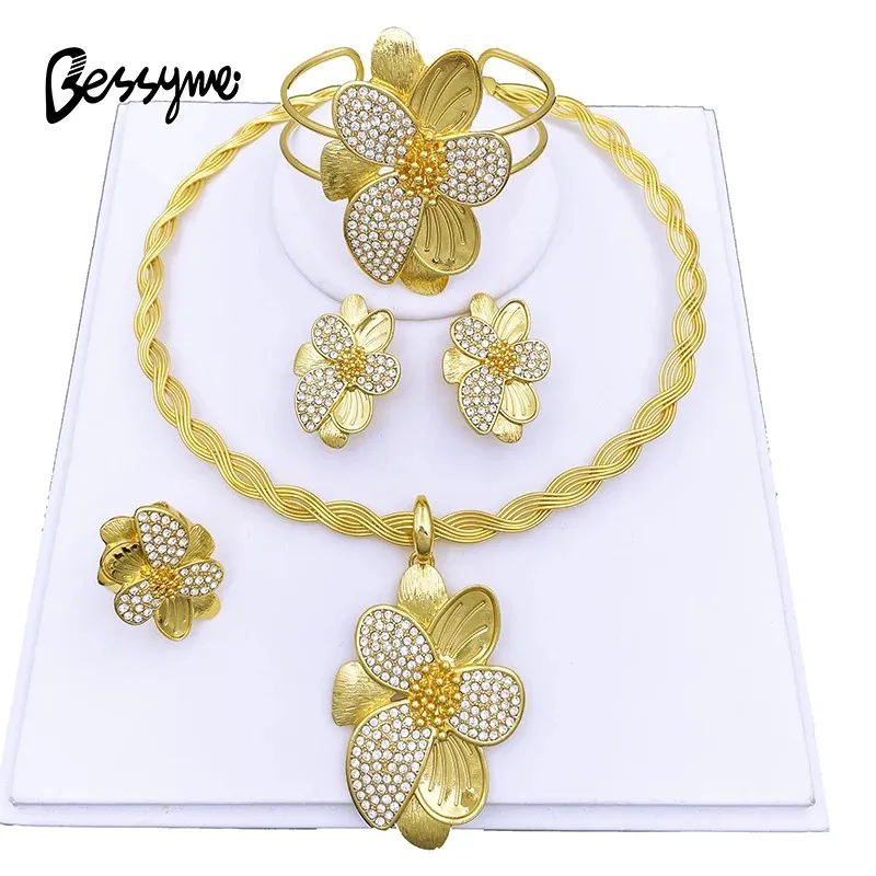 

Gold Plated Jewelry Set For Women Full Set Jewelry Flower Earrings Pendant Necklace Bracelet Ring Nigeria Trending Good Quality