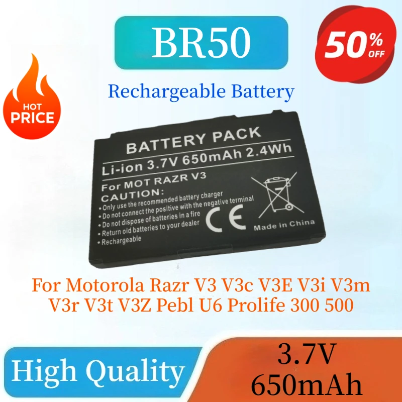 

Brand New BR50 Mobile Phone Battery 3.7V 650mAh for Motorola Razr V3 V3c V3E V3i V3m V3r V3t V3Z Pebl U6 Prolife 300 500
