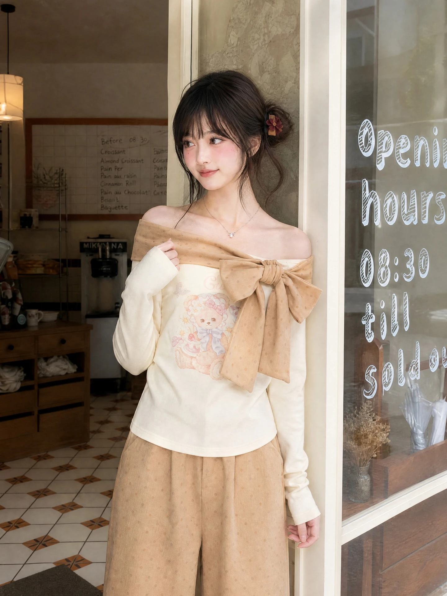 Sweet Style Long Sleeve Bear Print Polka Dot Women's Top with Bow Knot High Waist Cotton Breathable Autumn New Arrival