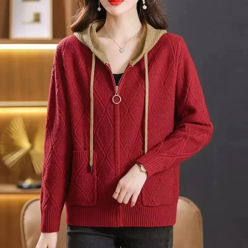 2024 Spring Autumn Women\'s Sweater Cardigan Jacket New Fashion Color Blocked Hooded Zipper Mother Coat Female Loose Knitted Tops