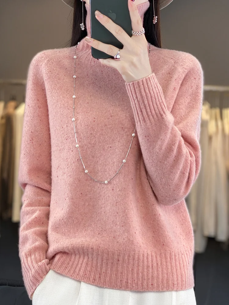 New Turtleneck Spot Long Sleeved Pullover Knitting 100% Wool Women's Sweater High-Quality Loose Solid Color Tops Simple Style