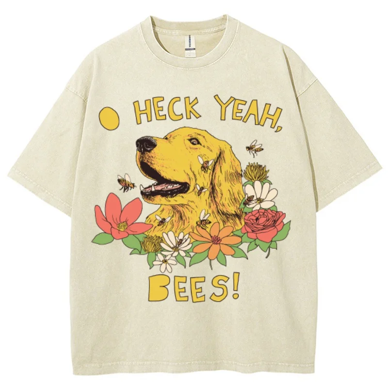 Camiseta con estampado de cachorro Labrador amarillo de dibujos animados para mujer, Top suelto de lavado de manga corta talla grande, Top de moda de estilo Simple informal lindo