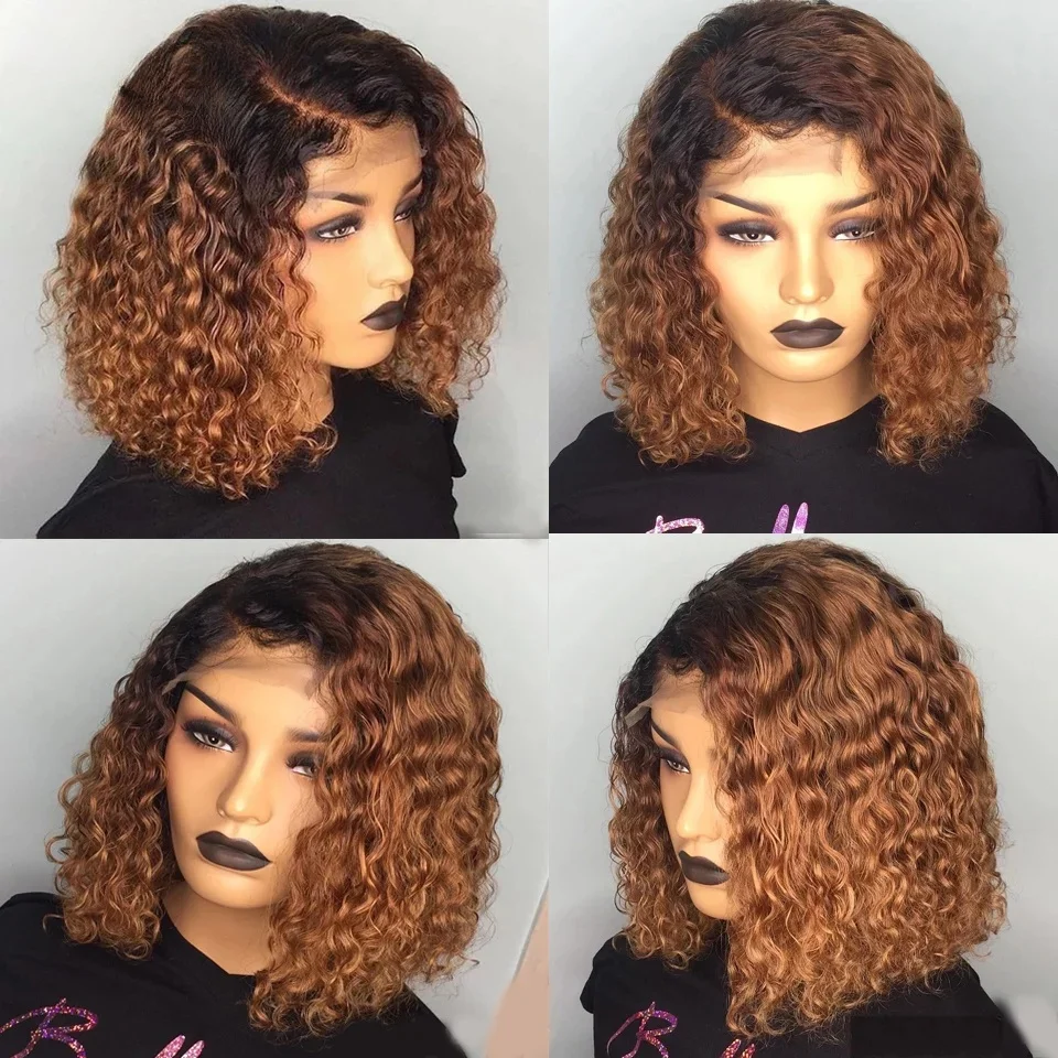Soft Preplucked Side/Middle Part Ombre Brown Color Short 16Inch 180Density Kinky Curly Lace Front Wig Synthetic