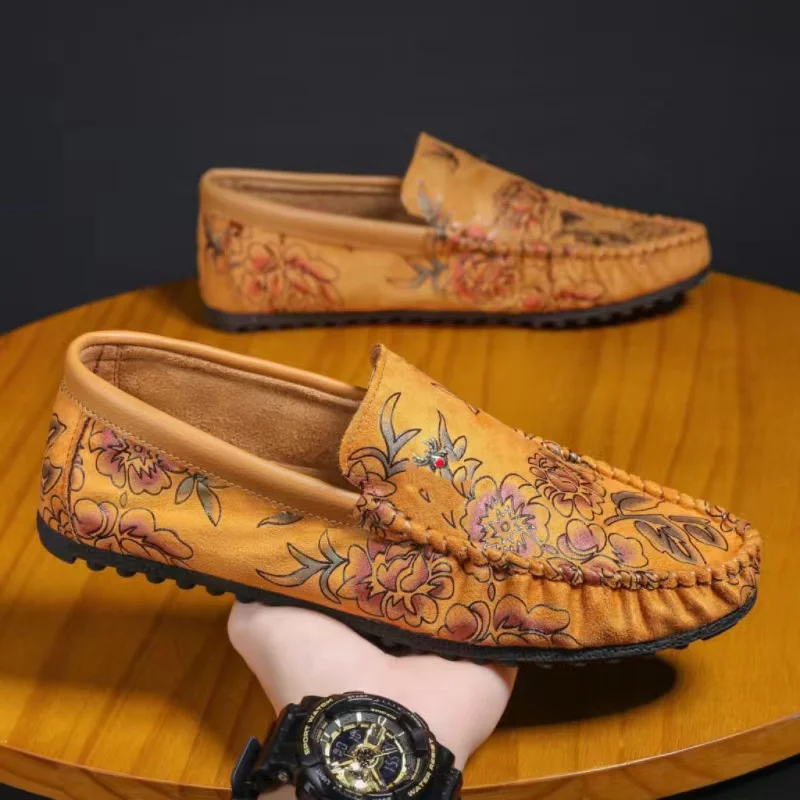 

Autumn Fashion Flower Printed Men's Loafers Shoes Big Size 46 Leather Flat Shoes Men Slip-on Driving Shoes Men mocasines hombre