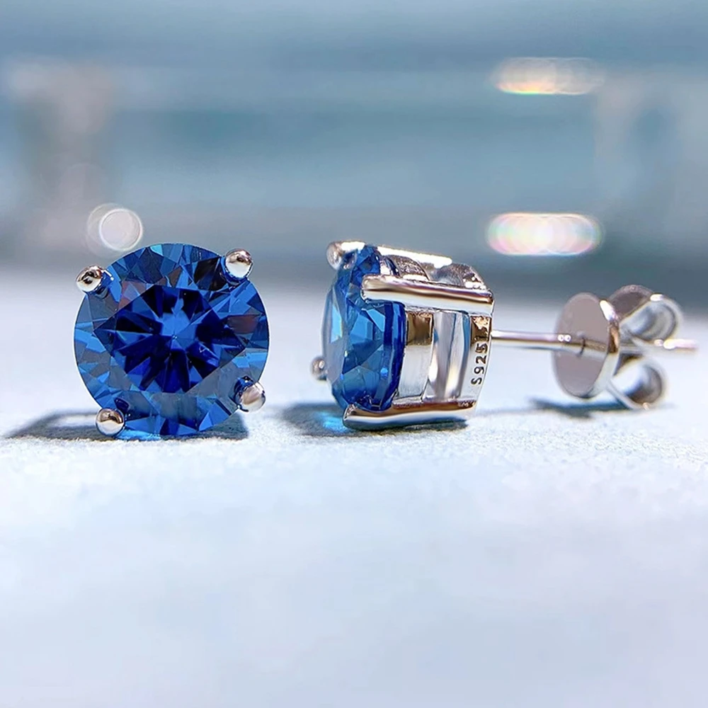 SHIPEI Classic Solid 925 Sterling Silver Round Cut 8 MM Sapphire Gemstone Wedding Fine Jewelry Ear Stud Earrings Drop Shipping