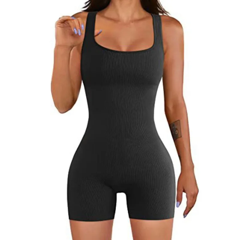 Summer Women Seamless Knit One-piece Yoga Suit Square Collar Jumpsuit Thread Sexy Go out Hip Lift Slim Shorts Jumpsuit