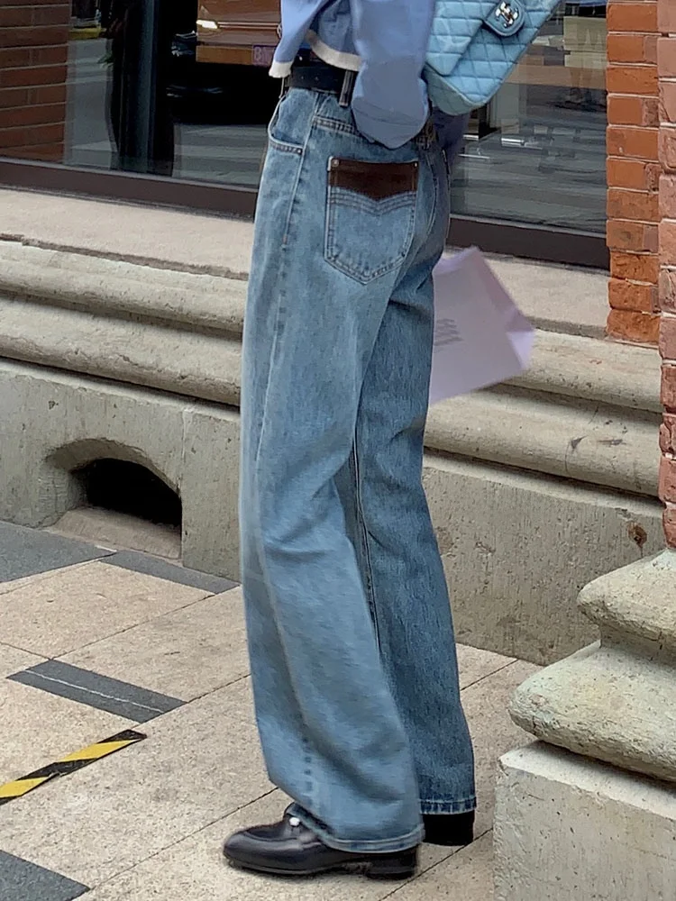 

High Waist Straight Leg Jeans Women's Autumn Small Size Patchwork Floor-Length Loose Wide Leg Pants Cleanfit Sle Cotton