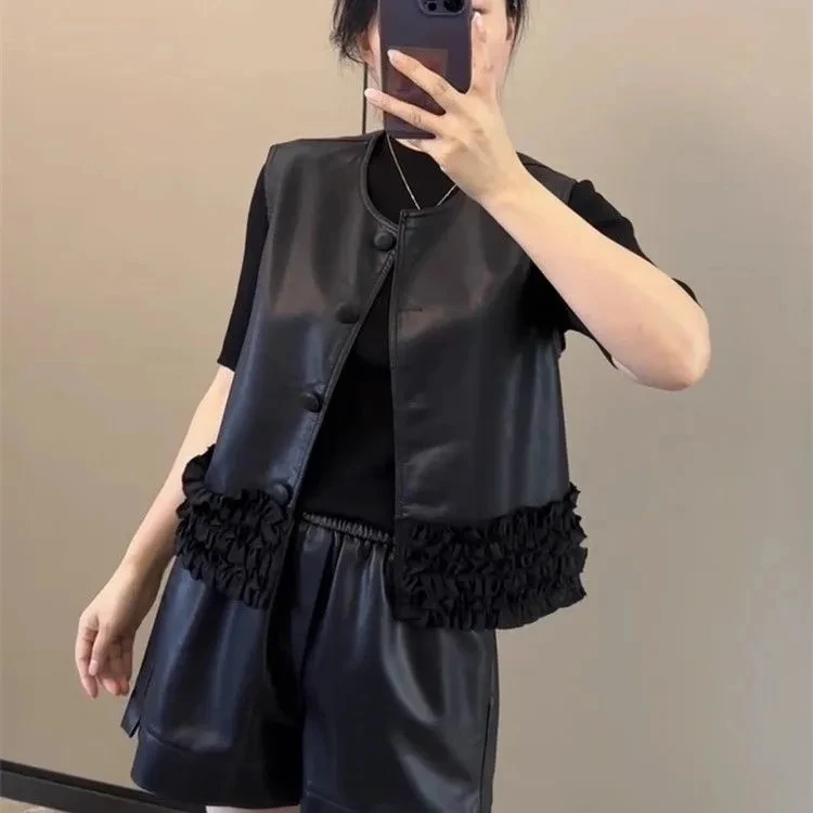 

Autumn Ladies' New Fashion Leather U Senior Heavy Industry Wooden Ear Slim Single-Breasted Leather Vest Casual Joker Vest Coat