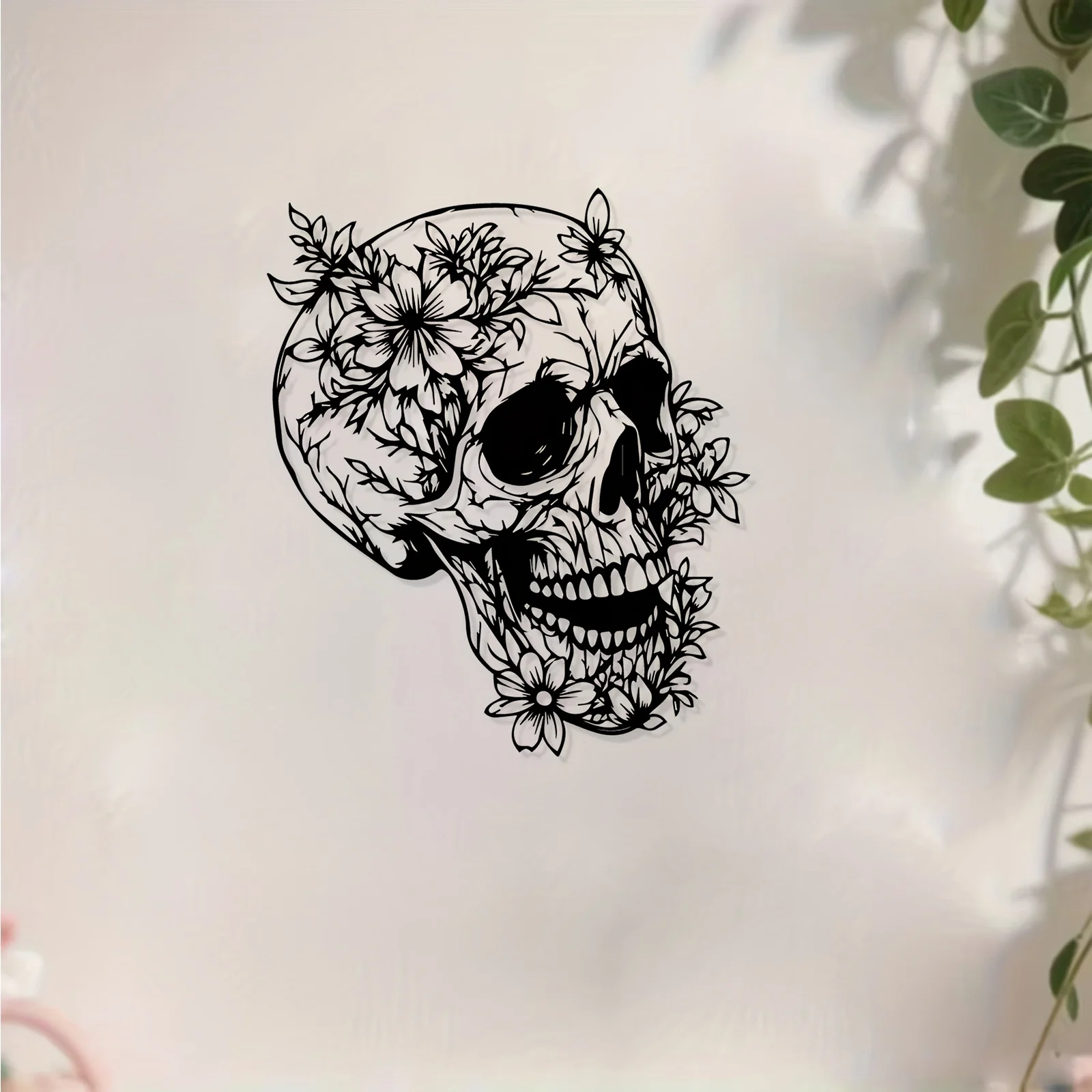 Gothic Skull Flower Iron Wall Art Rustproof Weatherproof Modern Botanical Home Garden Fence Decor