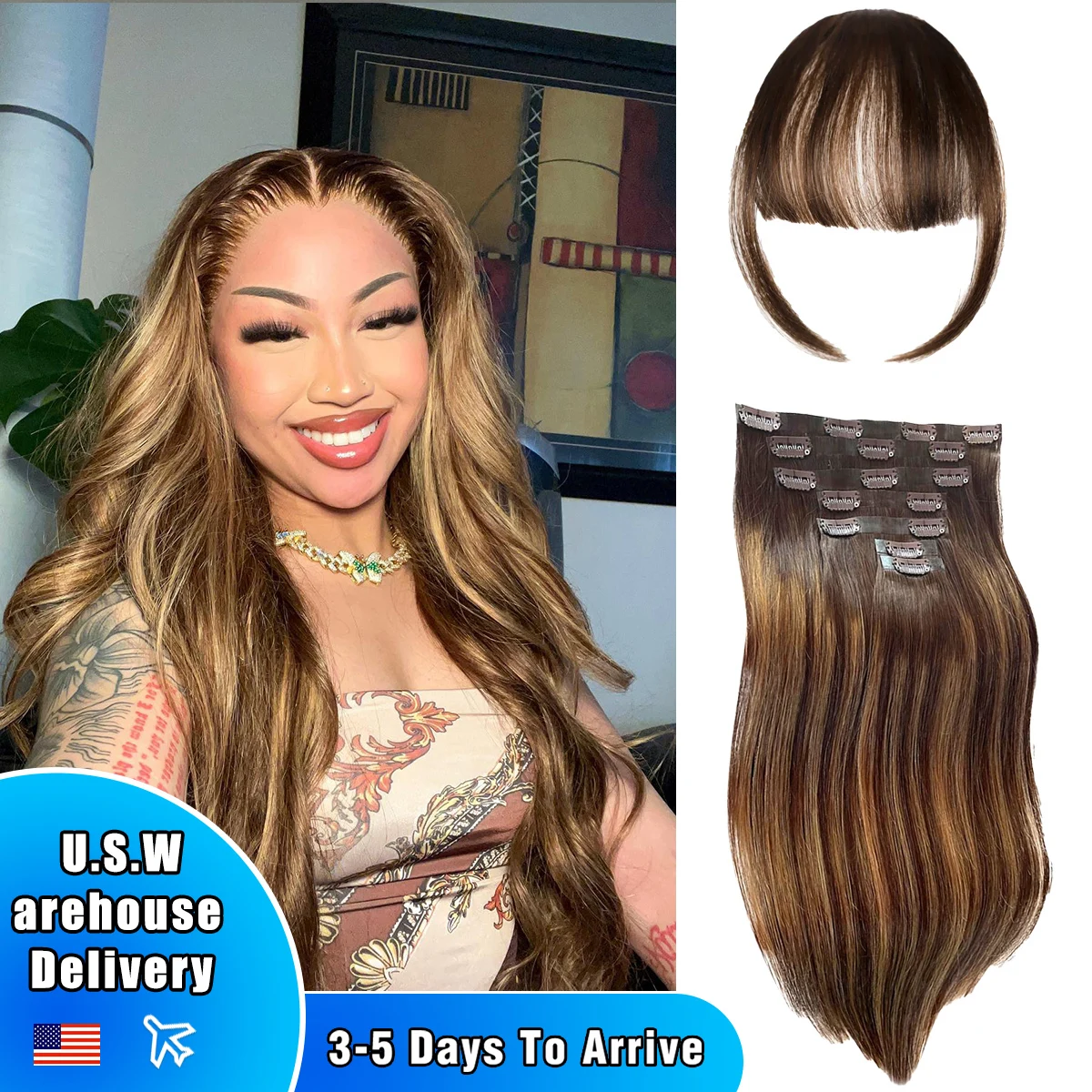 

Clip In Hair Extensions 100% Remy Hair Straight Full Head Human Hair Clips Chocolate Brown Color 4/27 Highlight