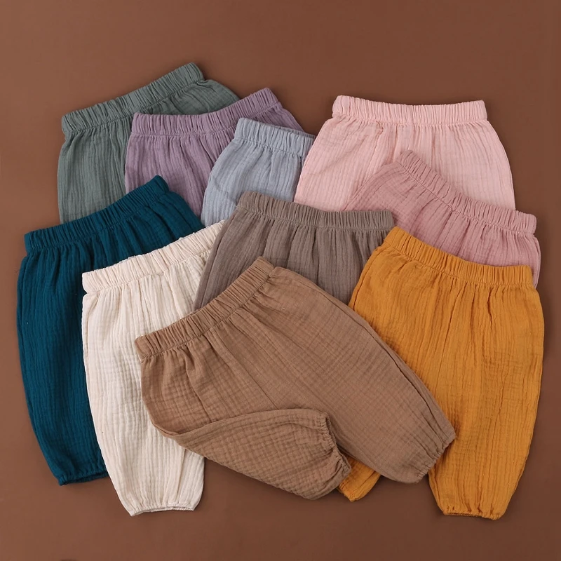 Baby Wrinkle Cotton Bloomers Solid Color Casual Eelastic Harem Long Pants Soft Loose Trousers for Toddler Kids 0-12Months