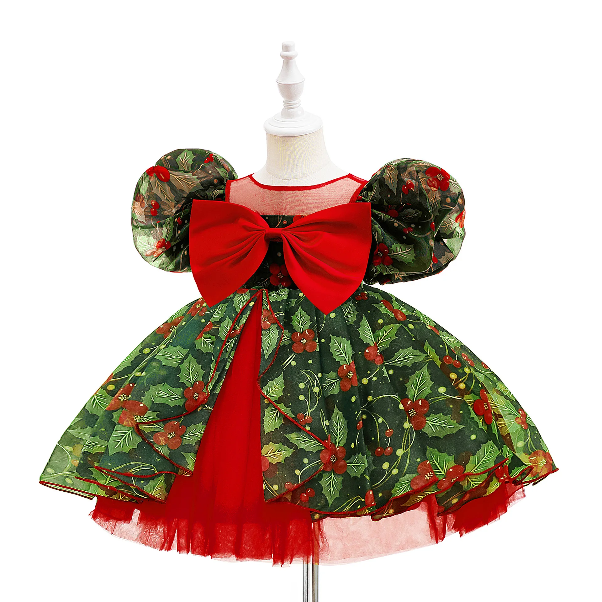 Vintage Girls Green Elf Christmas Dress Floral Big Bow Puffy Dresses For Children Stage Performance Festival Xmas Party Costume